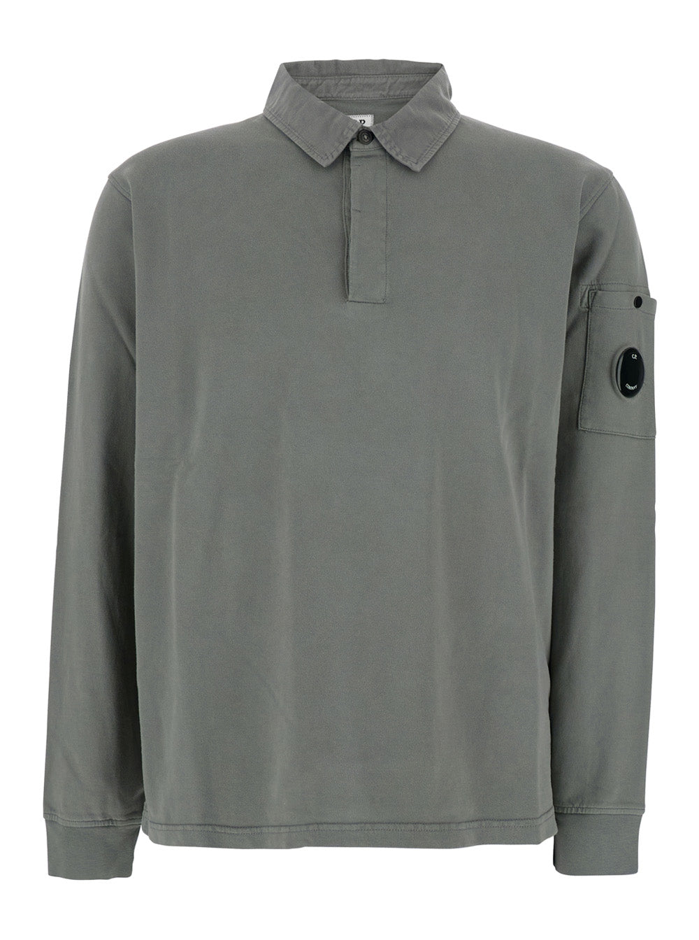 C.P. Company Men Grey Sweatshirt With Polo Shirt Style Collar And Logo Plaque On The Sleeve In Cotton Man