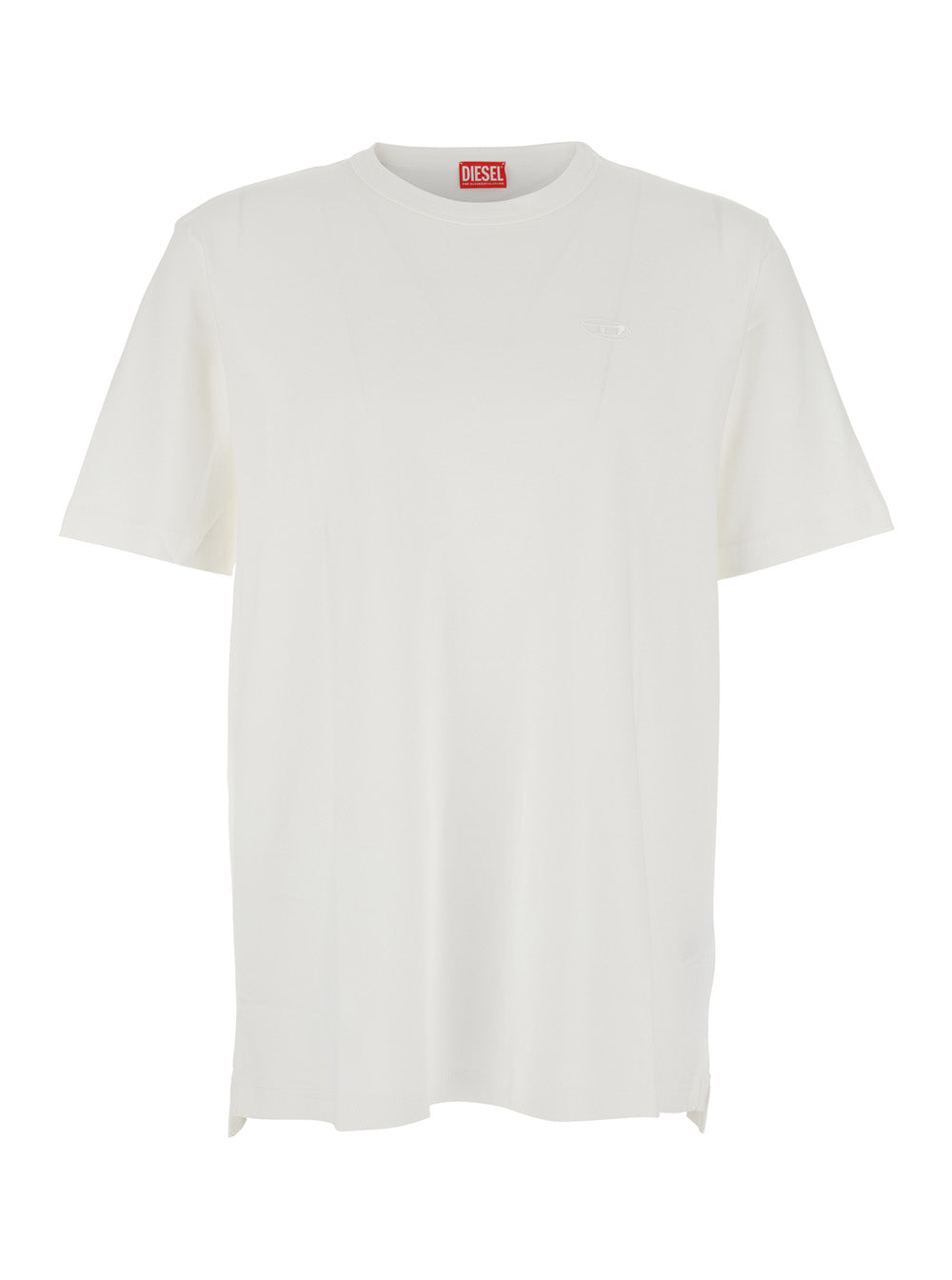 Diesel Men White Crewneck T-Shirt With Tonal Logo Embroidery On The Front In Cotton Man