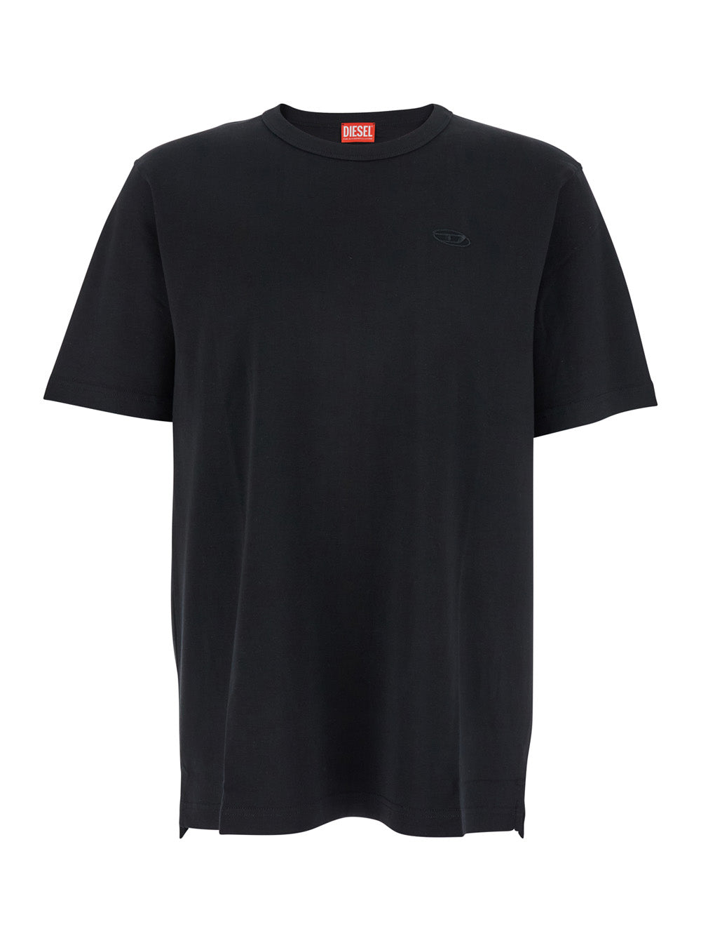Diesel Men Black Crewneck T-Shirt With Tonal Logo Embroidery On The Front In Cotton Man