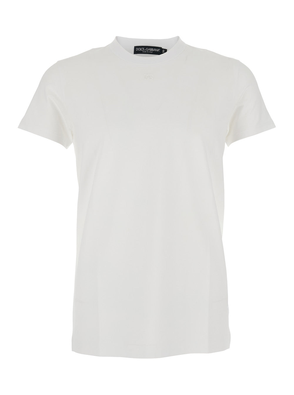 Dolce & Gabbana Men White Crewneck T-Shirt With Tonal Logo Lettering Embroidery On The Front In Cotton Stretch Man
