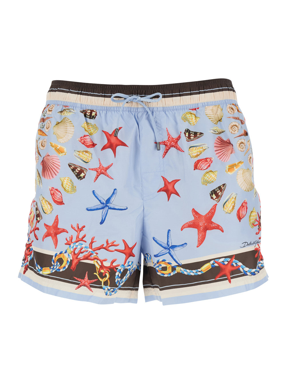 Dolce & Gabbana Men Light Blue Swim Shorts With Drawstring Elastic Waist And All-Over Print In Tech Fabric Man