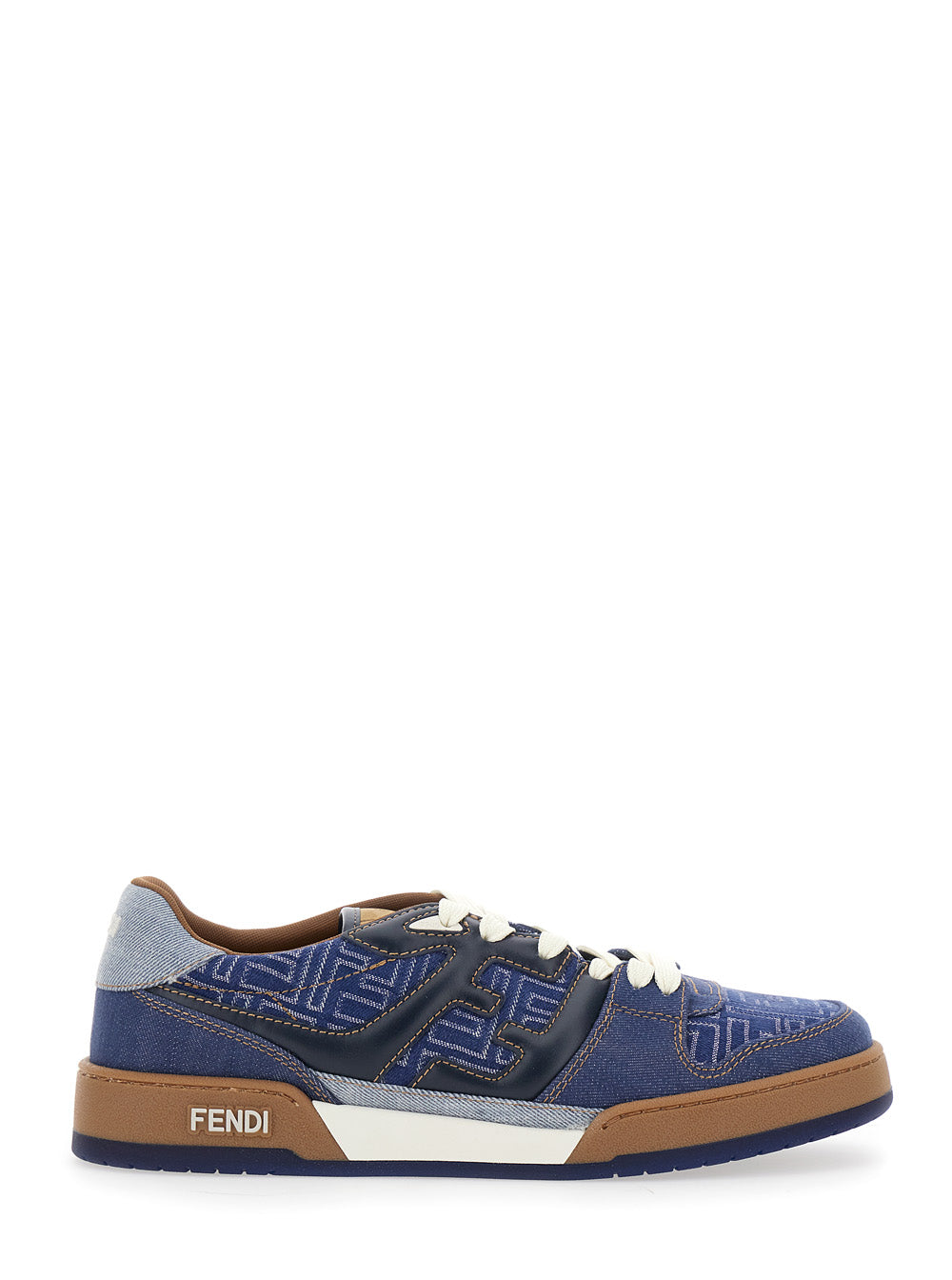 Fendi Men Blue Low Top Sneakers With Logo Patch On The Tongue In Ff Canvas And Leather Man