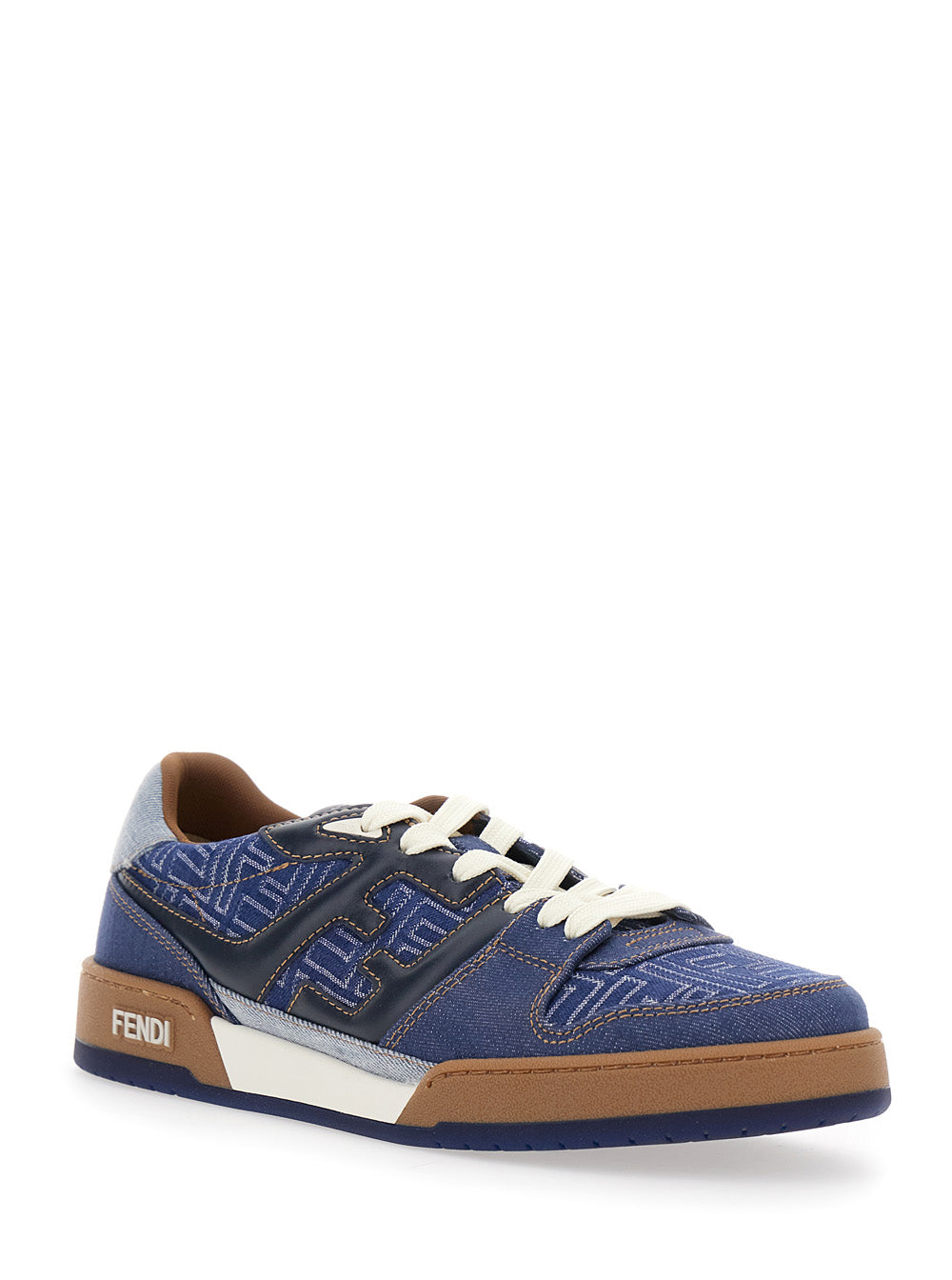 Fendi Men Blue Low Top Sneakers With Logo Patch On The Tongue In Ff Canvas And Leather Man