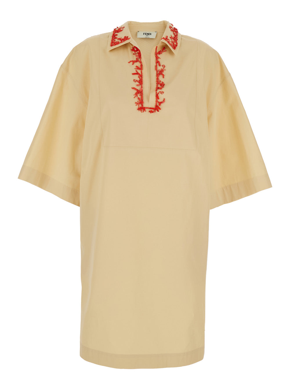 Fendi Women Beige Dress With Open Polo Shirt Style Collar And Embroidery On The Collar In Cotton Woman