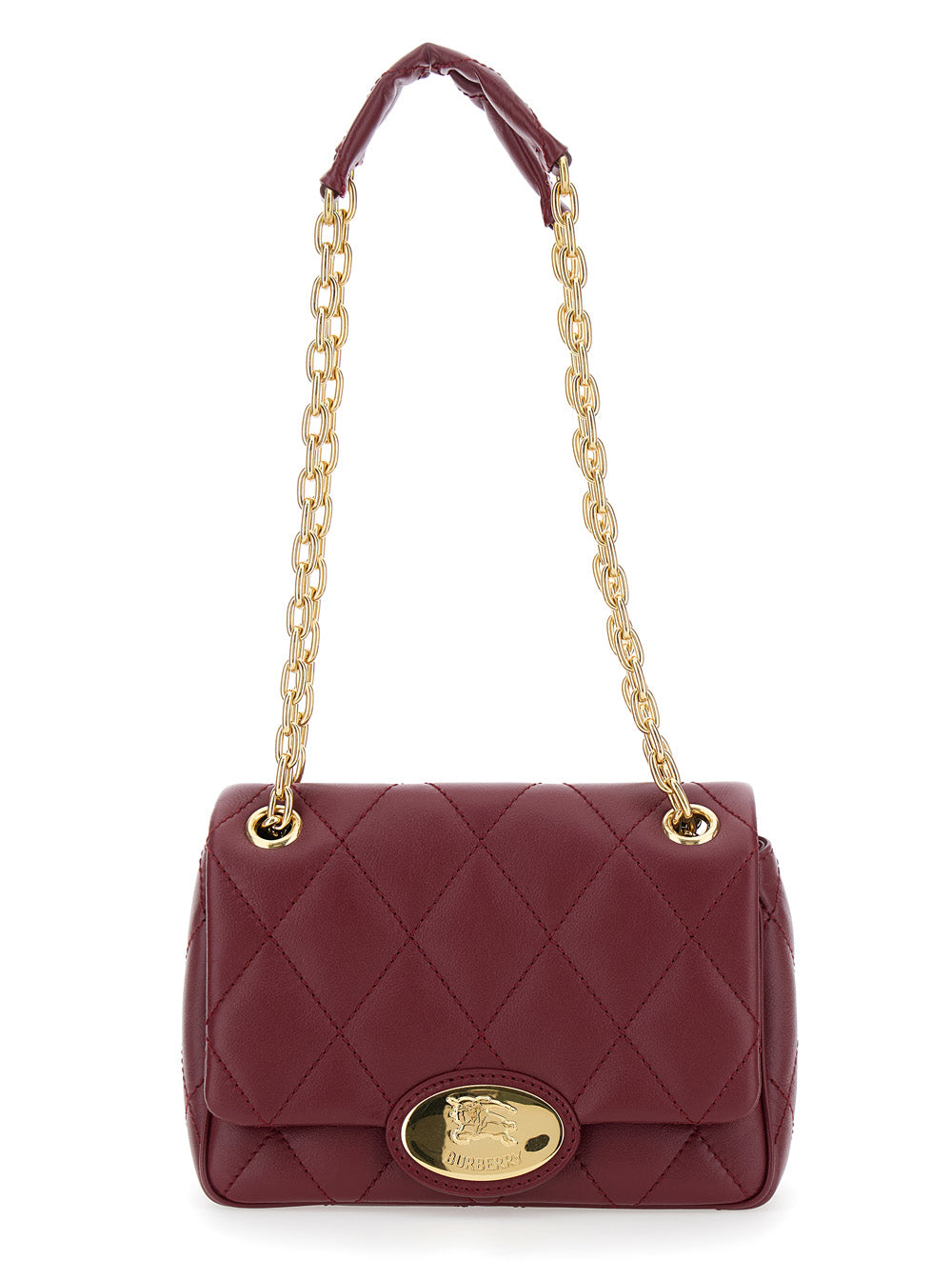 Burberry Women Bordeaux Quilted Crossbody Bag With Ekd Plaque On The Front And Chain-Link Shoulder Strap In Leather Woman