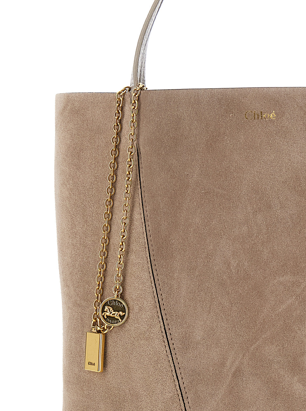 Chloé Women 'Spin' Grey Shoulder Bag With Chain-Link Detail With Logo Charm In Suede Woman