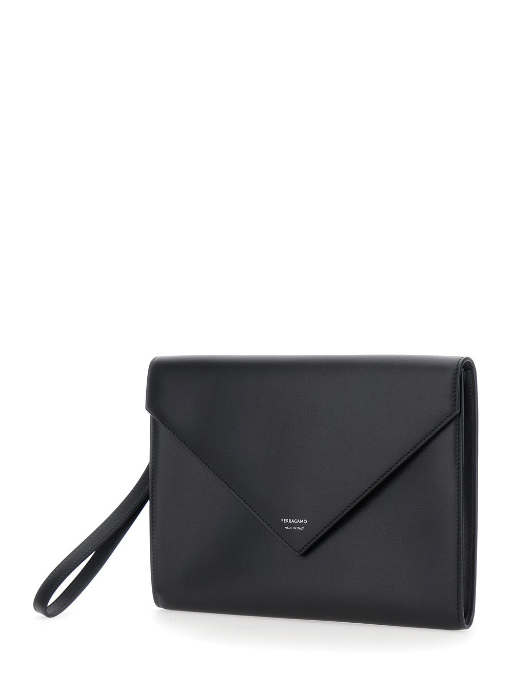 Clutch masculina Ferragamo 'Florence' preta com design envelope e alça em couro.