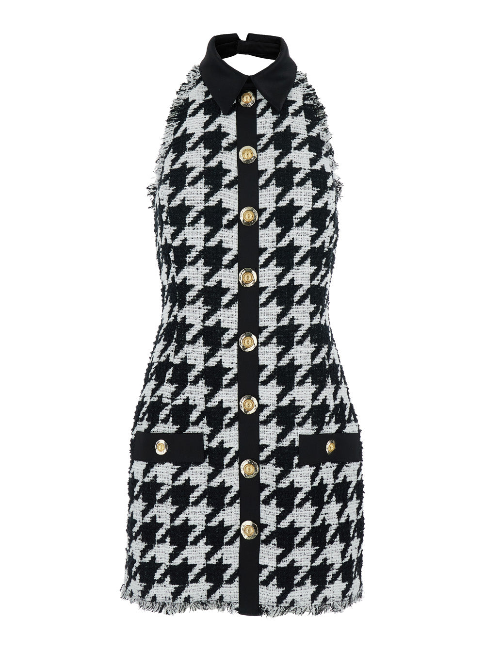 Balmain Women Black And White Halterneck Mini Dress With Houndstooth Motif In Tweed And Satin Woman