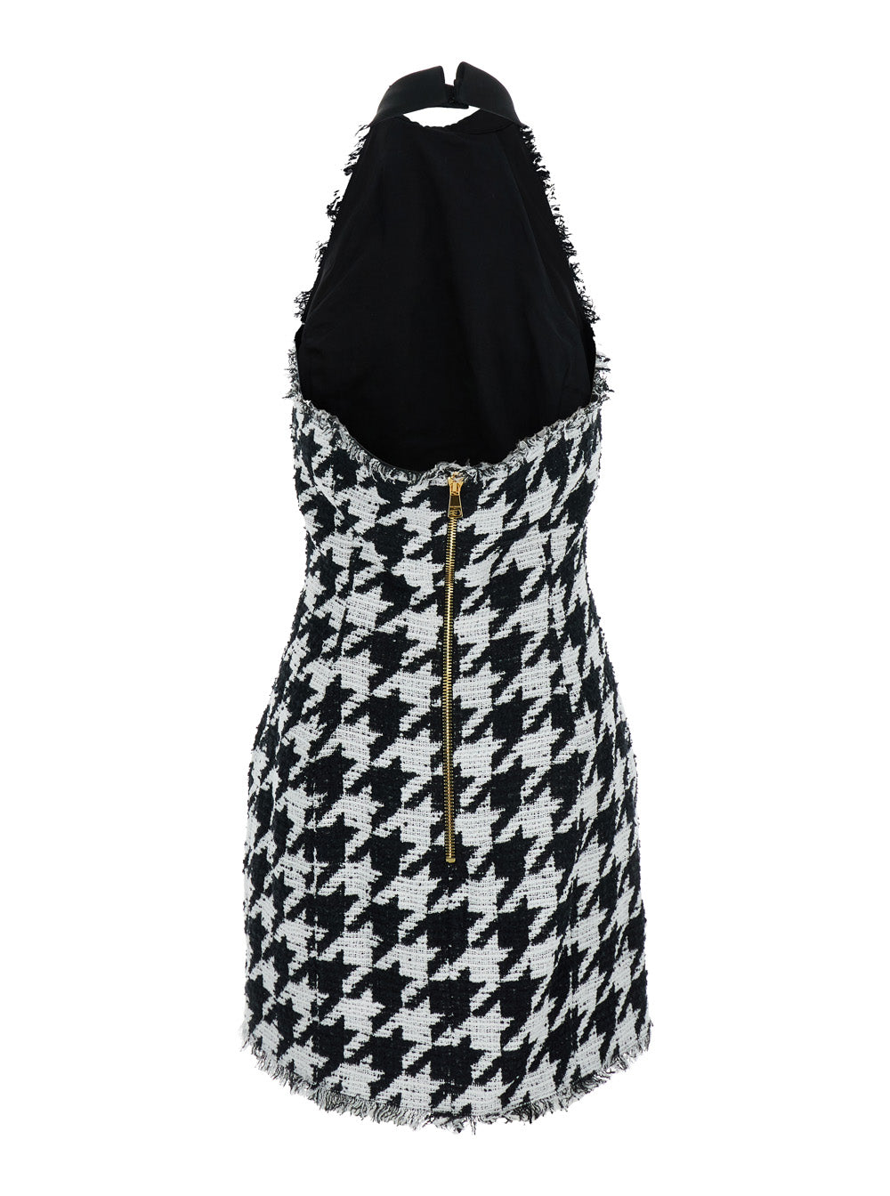 Balmain Women Black And White Halterneck Mini Dress With Houndstooth Motif In Tweed And Satin Woman
