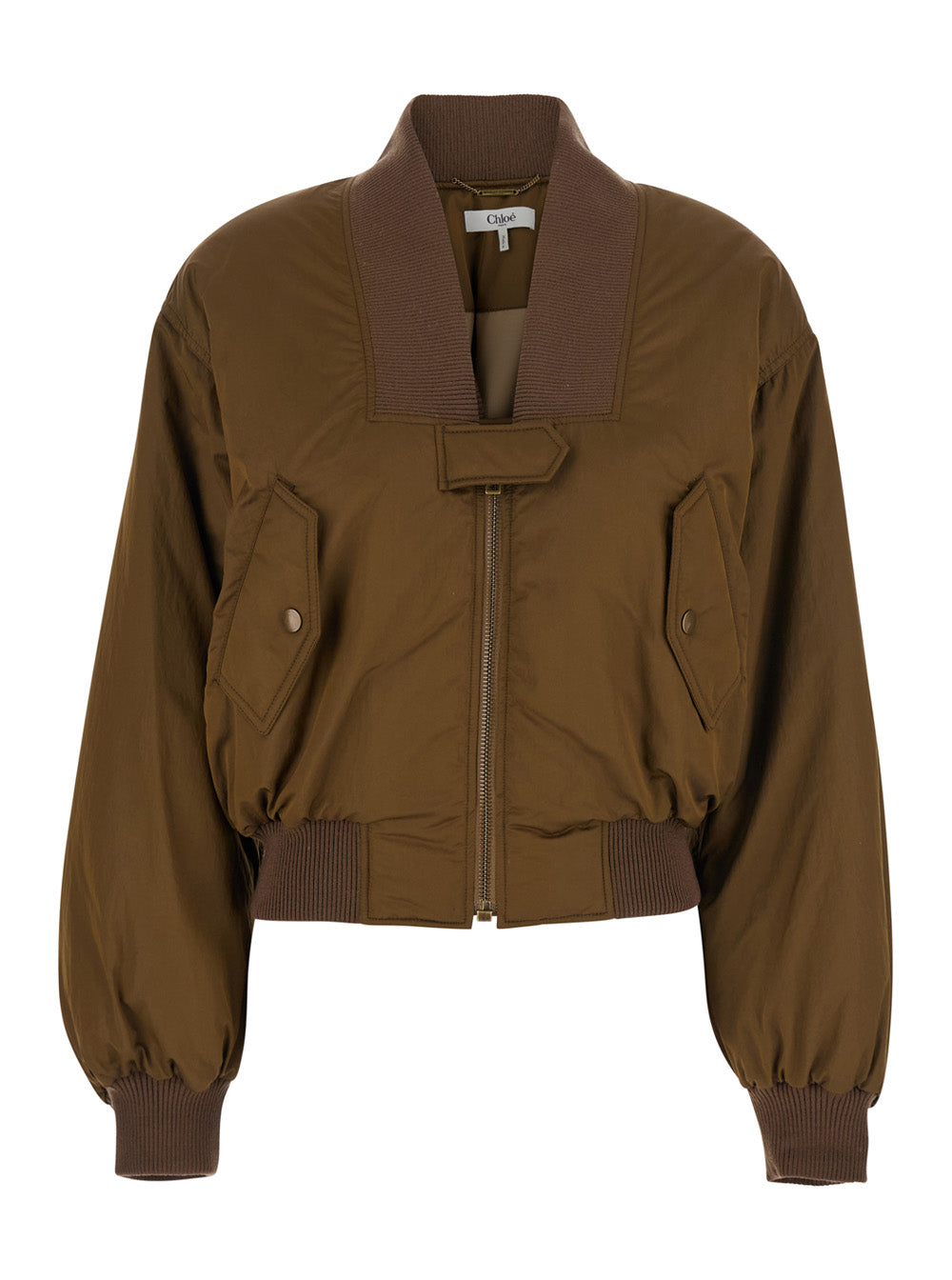 Chloé Women Brown Bomber Jacket With V Neck And Front Zip Closure In Tech Fabric Woman