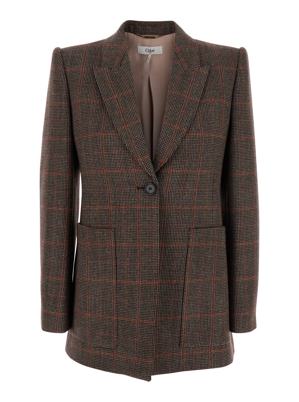 Chloé Women Brown Single-Breasted Jacket With Peak Revers And All-Over Check Motif In Wool Woman