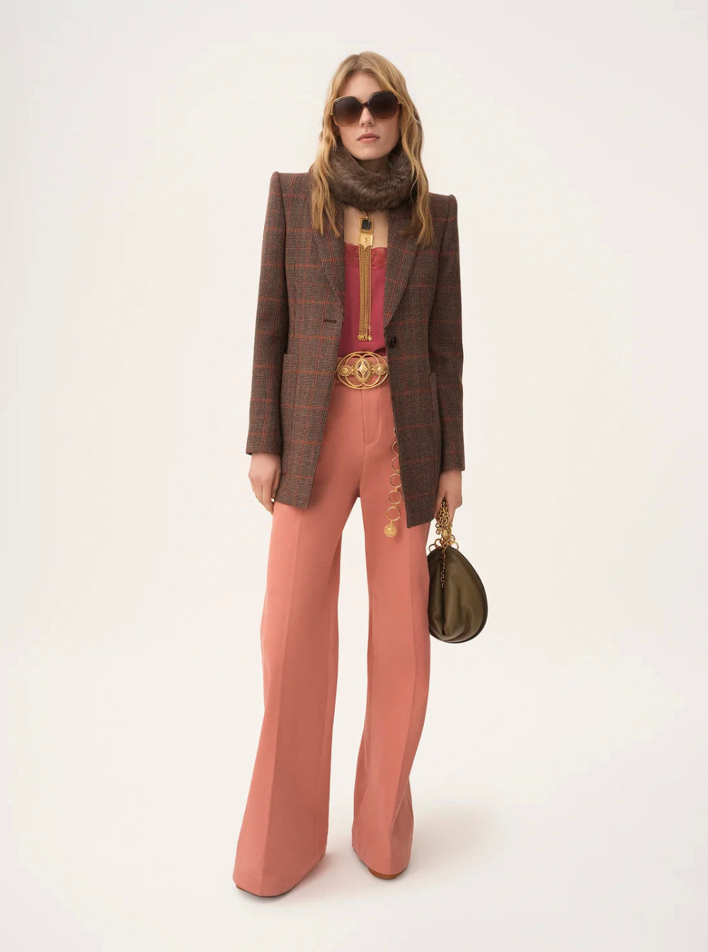Chloé Women Brown Single-Breasted Jacket With Peak Revers And All-Over Check Motif In Wool Woman