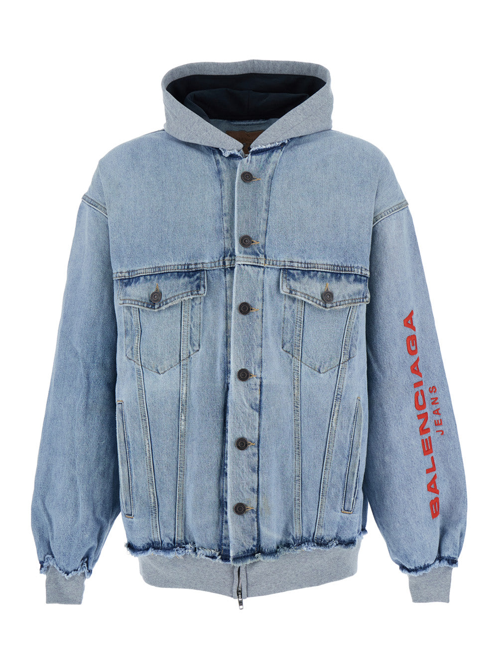 Balenciaga Men Light Blue Jacket With Fixed Hood And Maxi Logo Lettering On The Sleeve In Denim Man