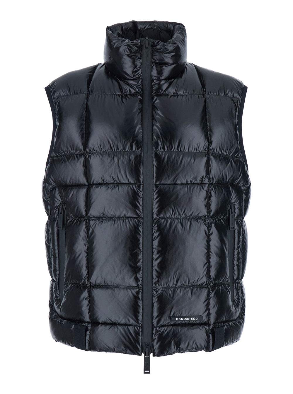 Dsquared2 Men Black Sleeveless Down Jacket With High Neck And Logo Patch On The Front In Tech Fabric Man