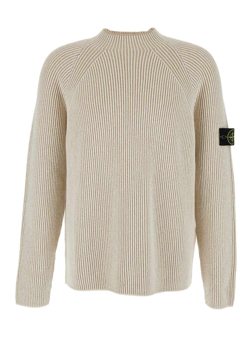 Stone Island Men White Sweater With Ribbed Design And Logo Patch On Sleeve In Virgin Wool Blend Man