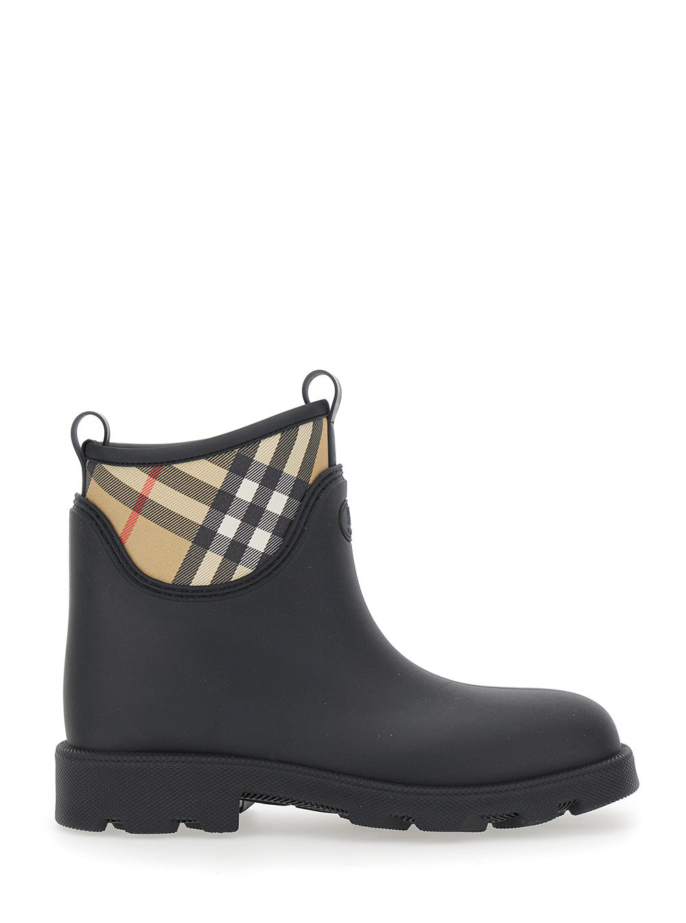 Burberry Men Black Rain Ankle Boots With Embossed Ekd Logo And Check Motif In Rubber Man