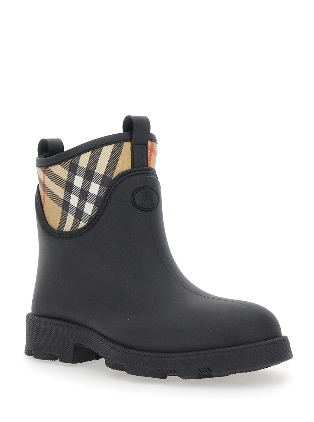 Burberry Men Black Rain Ankle Boots With Embossed Ekd Logo And Check Motif In Rubber Man