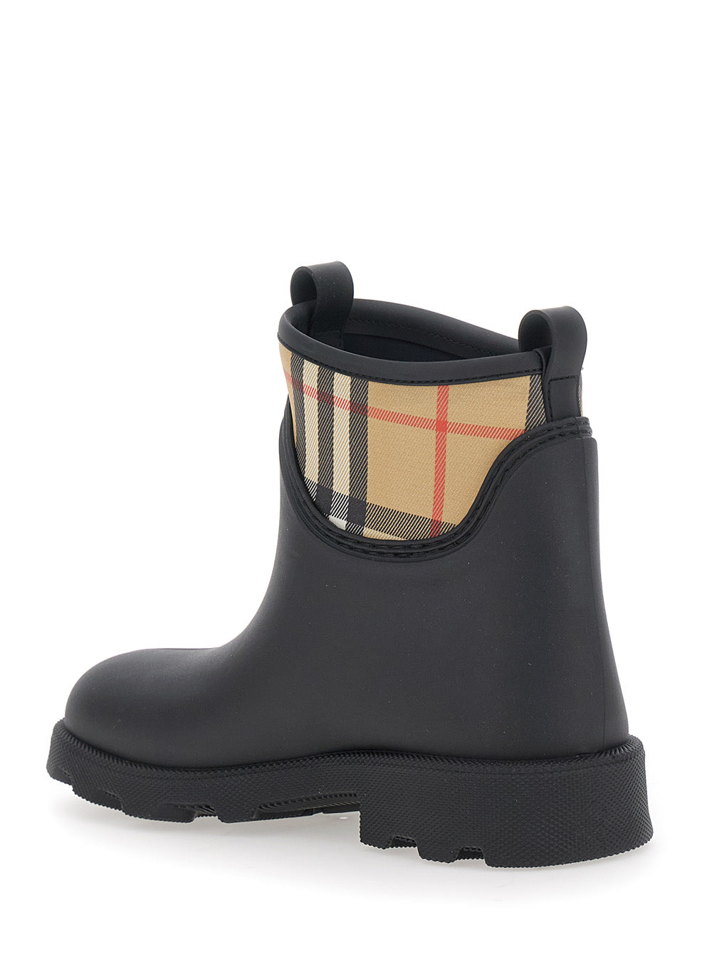 Burberry Men Black Rain Ankle Boots With Embossed Ekd Logo And Check Motif In Rubber Man