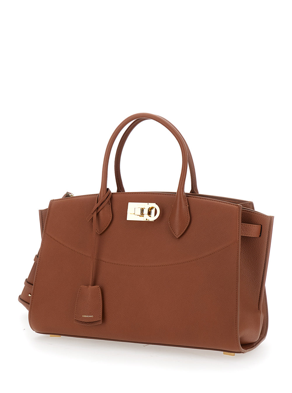 Bolsa feminina Ferragamo marrom com alça de ombro ajustável e removível e fecho giratório Gancini em couro granulado.