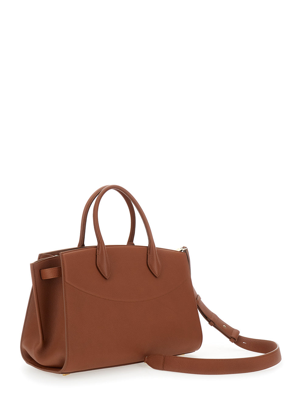 Bolsa feminina Ferragamo marrom com alça de ombro ajustável e removível e fecho giratório Gancini em couro granulado.