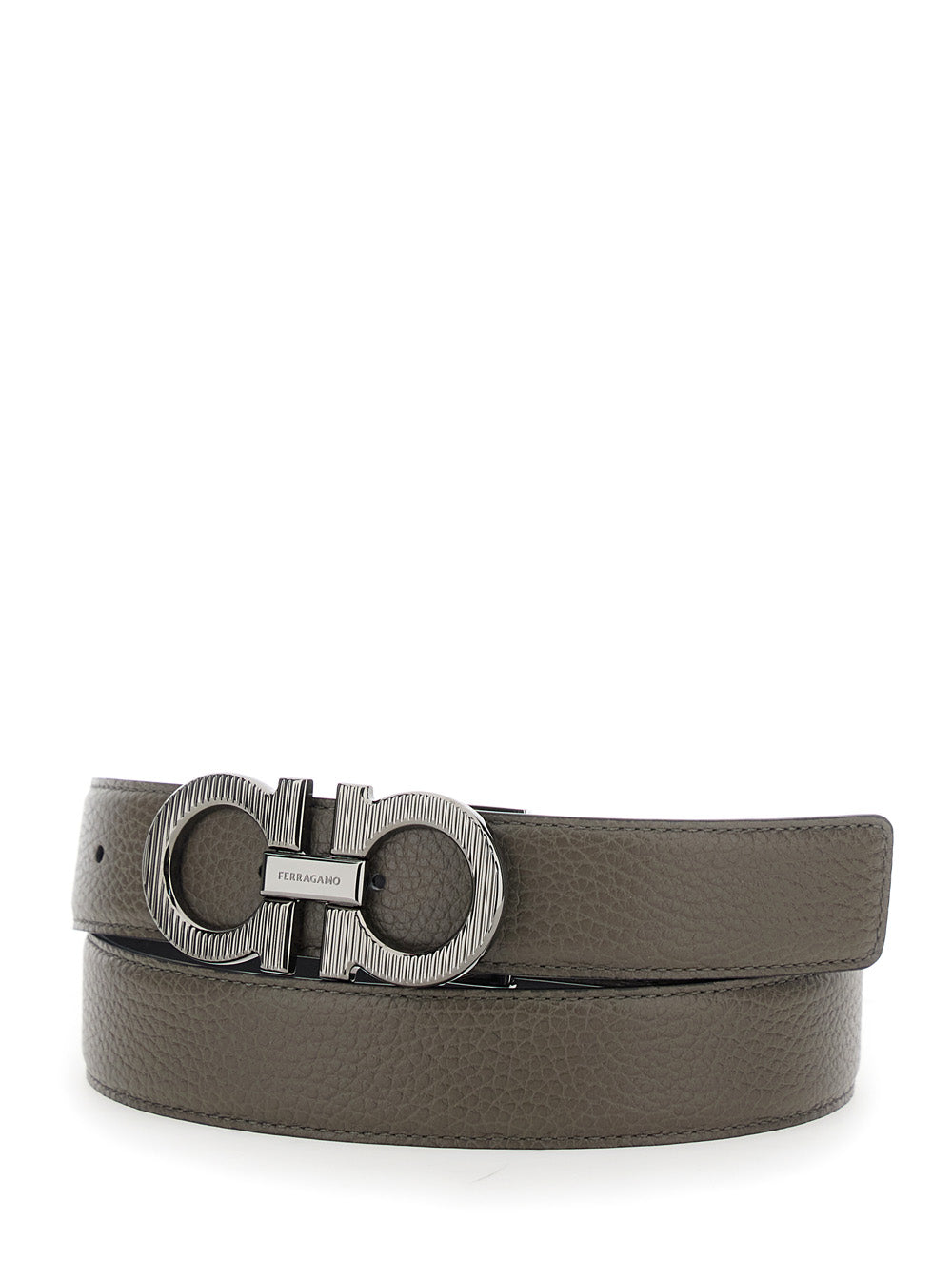 Cinto reversível Ferragamo masculino cinza com fivela Gancini em couro.
