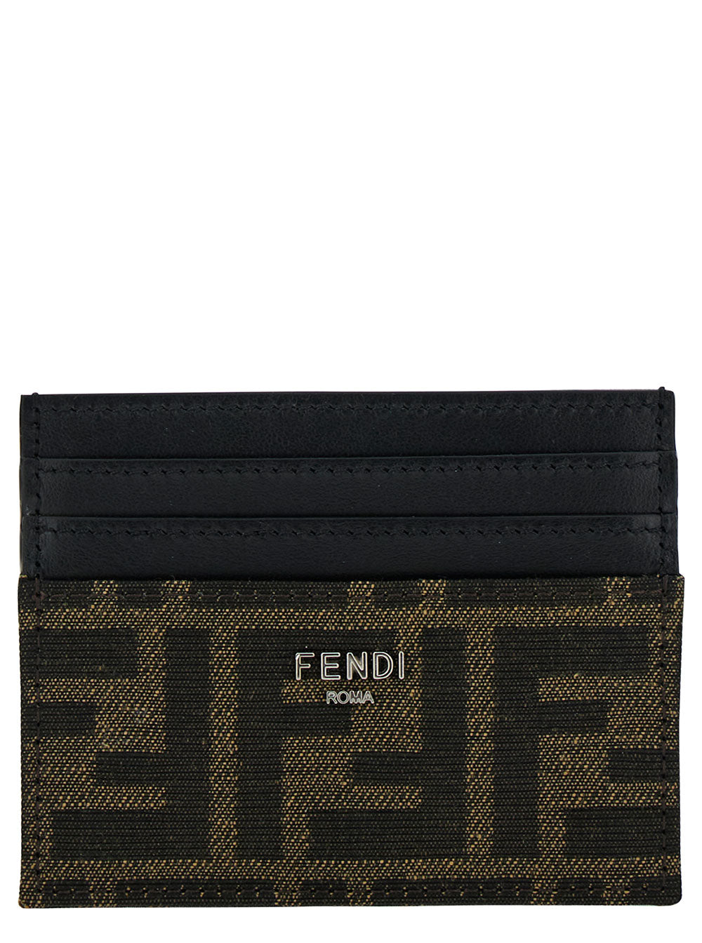 Fendi Men Brown Card-Holder With Metal Lettering In Leather And Ff Canvas Man