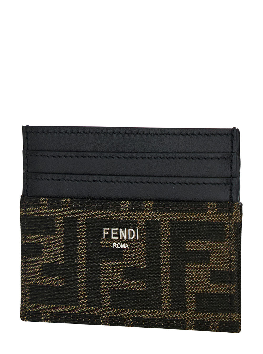Fendi Men Brown Card-Holder With Metal Lettering In Leather And Ff Canvas Man