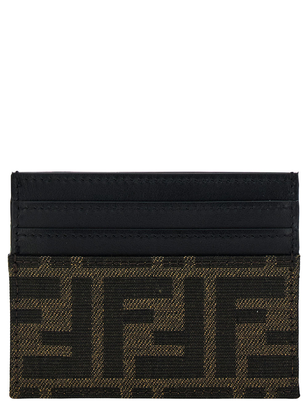 Fendi Men Brown Card-Holder With Metal Lettering In Leather And Ff Canvas Man