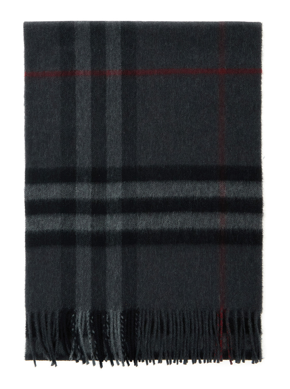 Burberry Men Grey Rectangular Scarf With Check Motif All-Over And Fringed Hem In Cashmere Woman