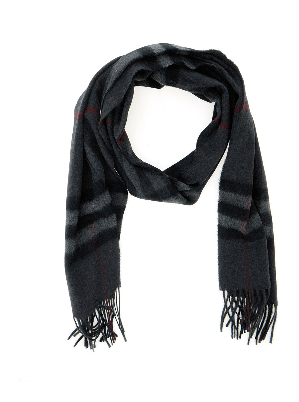 Burberry Men Grey Rectangular Scarf With Check Motif All-Over And Fringed Hem In Cashmere Woman