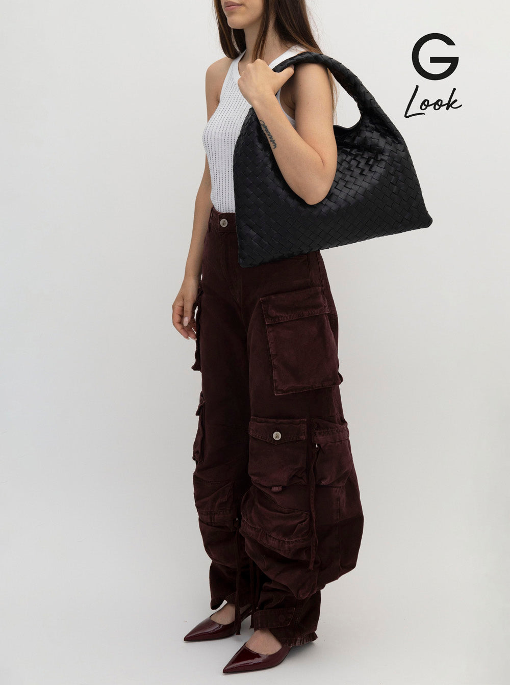 Bottega Veneta Women 'Hop Small' Black Shoulder Bag With Intreccio Motif In Leather Woman