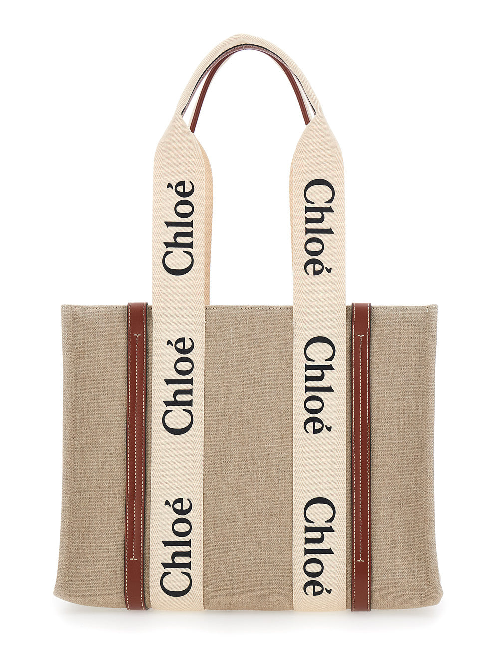 Chloé Women 'Medium Woody' Beige Handbag With Logo Lettering On The Front In Linen Woman