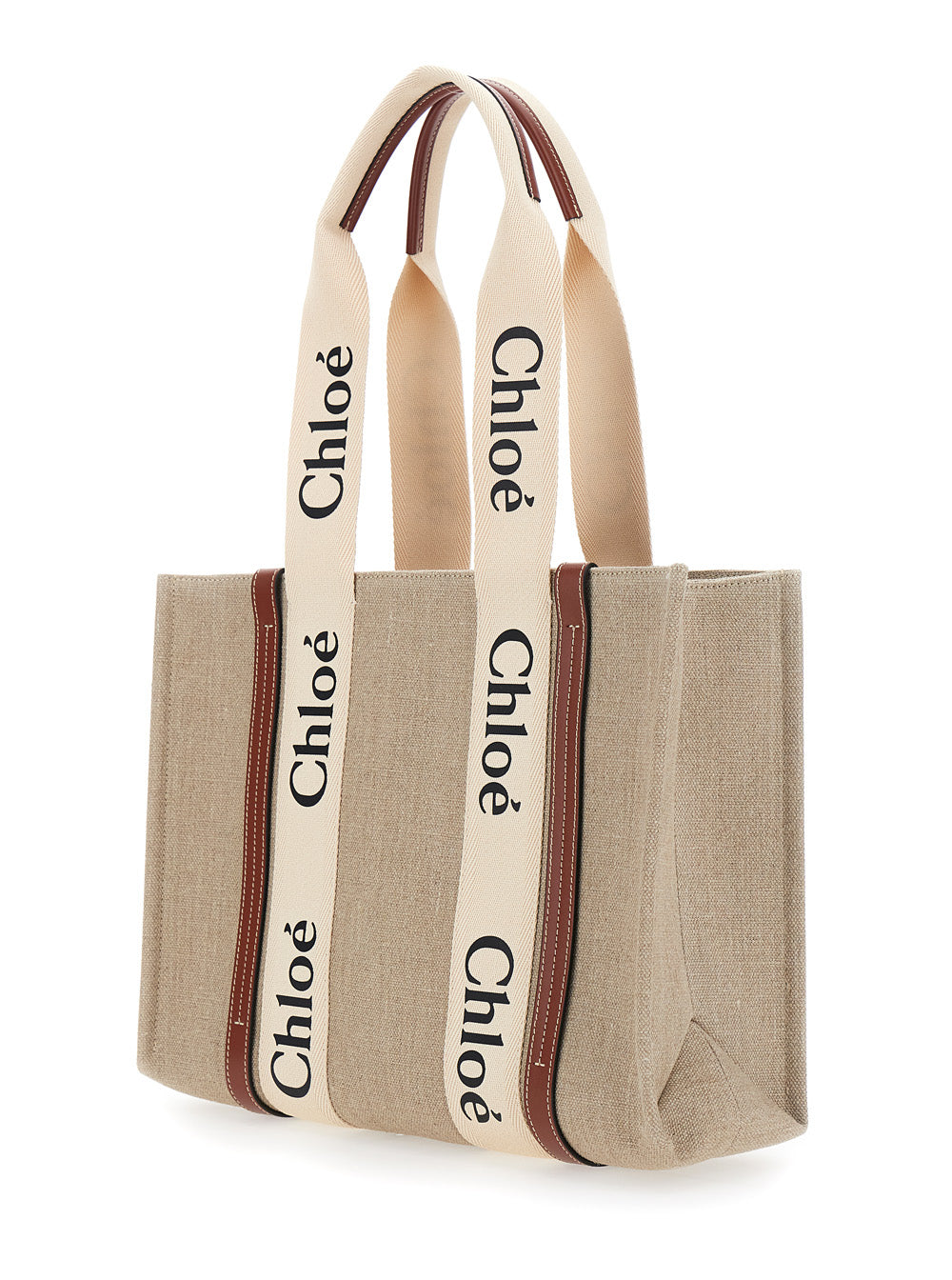 Chloé Women 'Medium Woody' Beige Handbag With Logo Lettering On The Front In Linen Woman