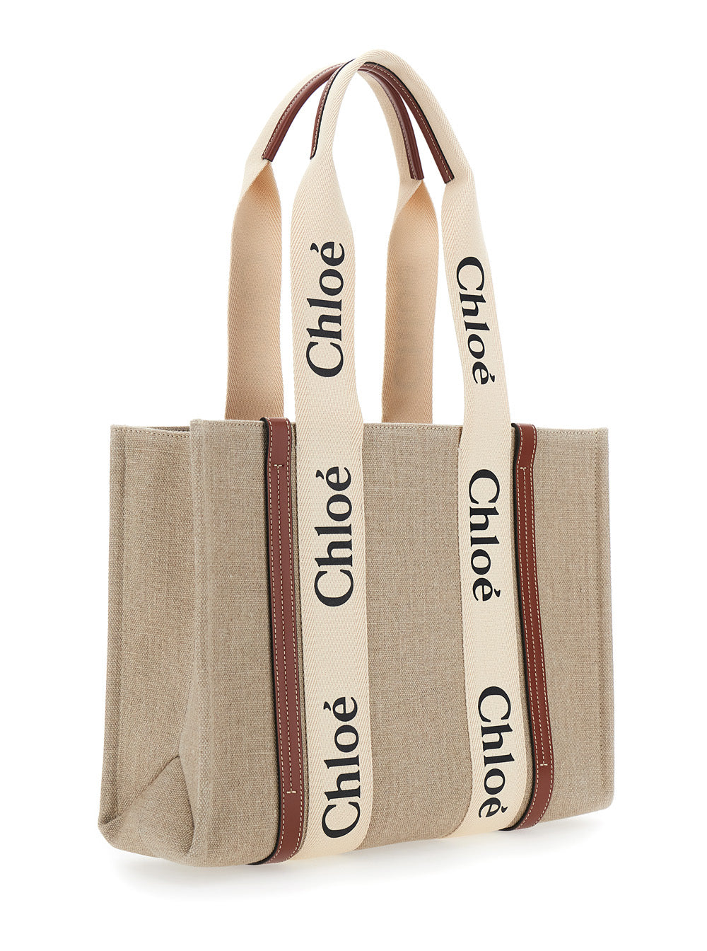 Chloé Women 'Medium Woody' Beige Handbag With Logo Lettering On The Front In Linen Woman