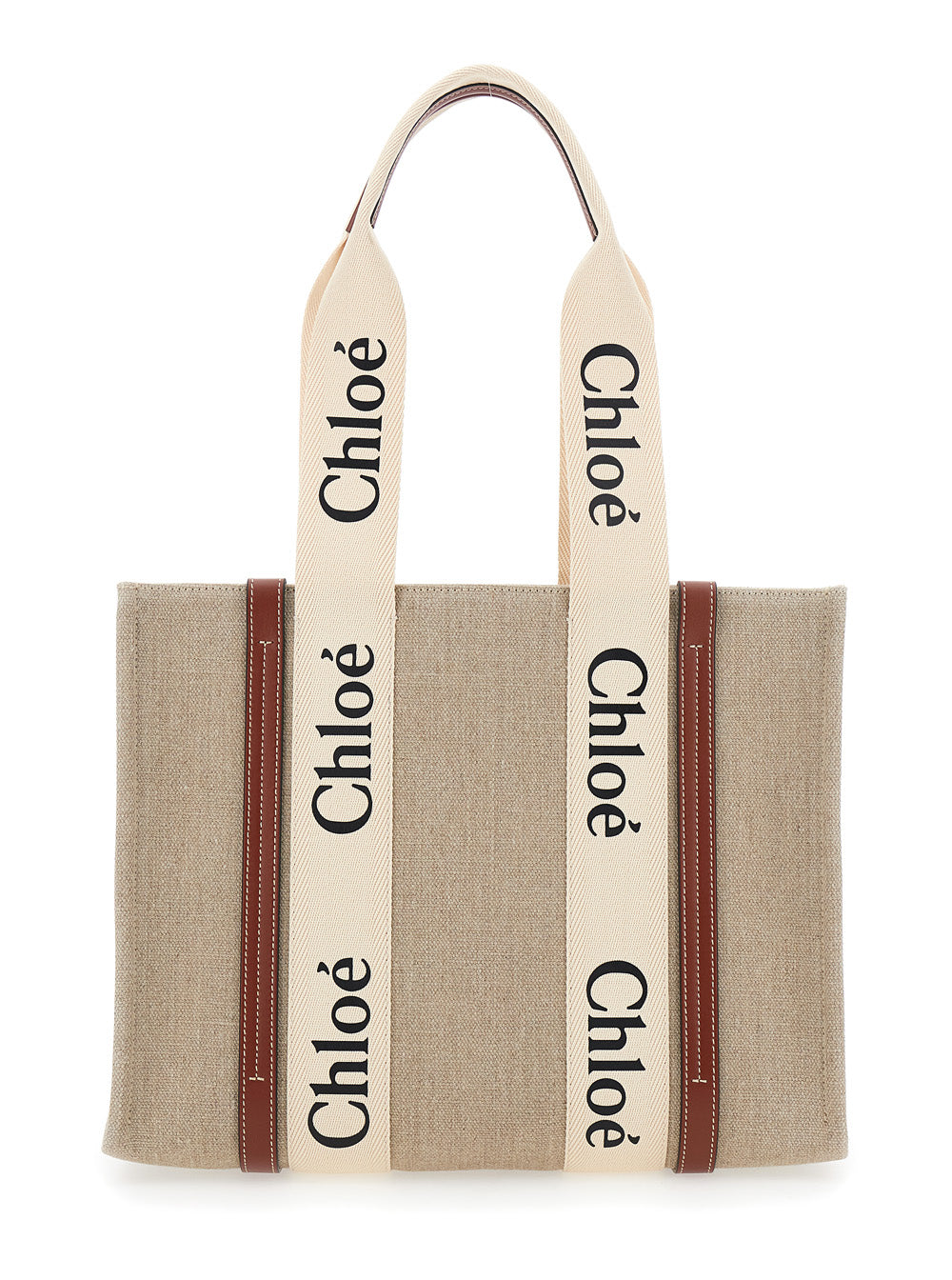 Chloé Women 'Medium Woody' Beige Handbag With Logo Lettering On The Front In Linen Woman