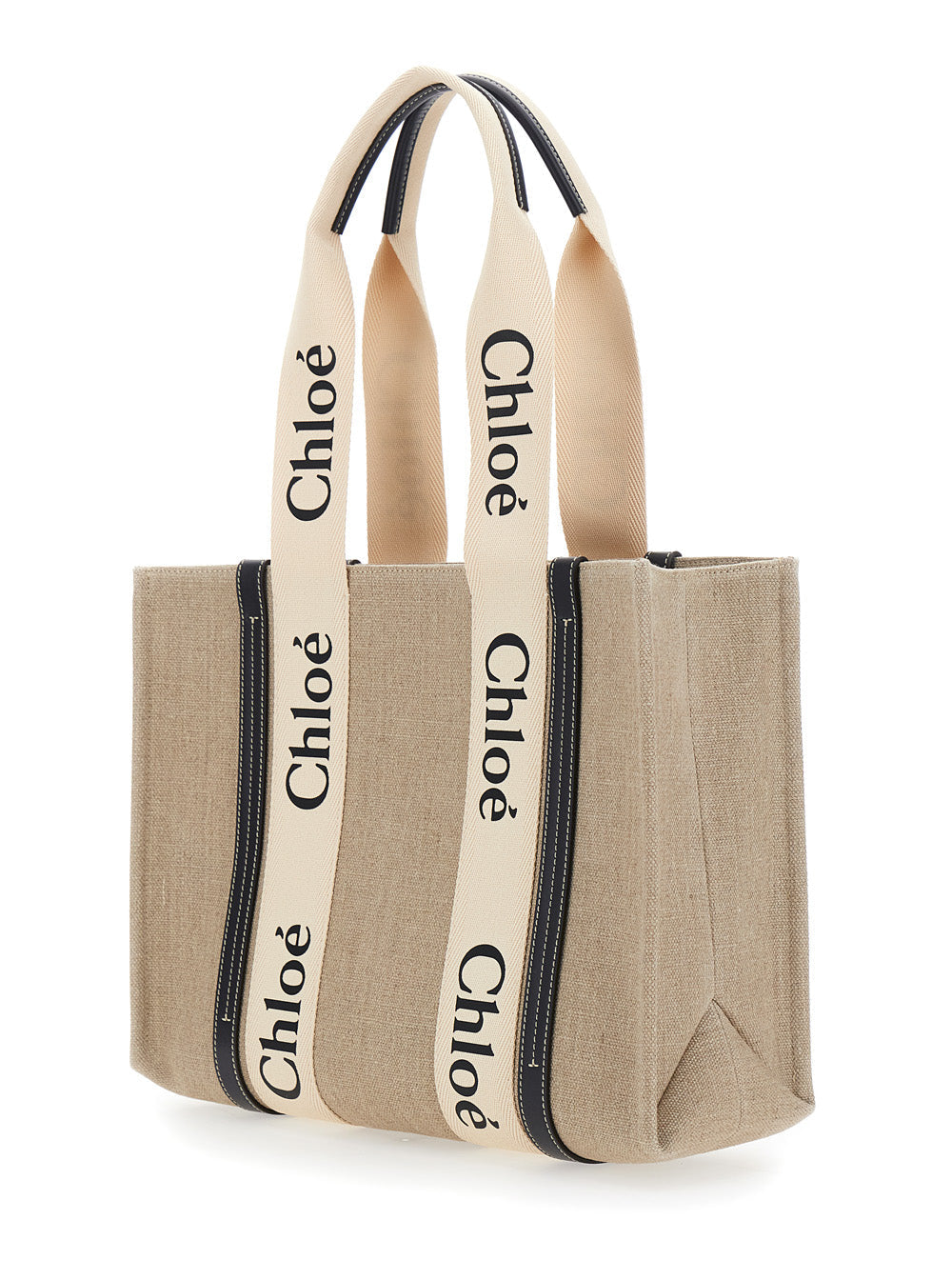 Chloé Women 'Medium Woody' Beige Handbag With Logo Lettering On The Front In Linen Woman