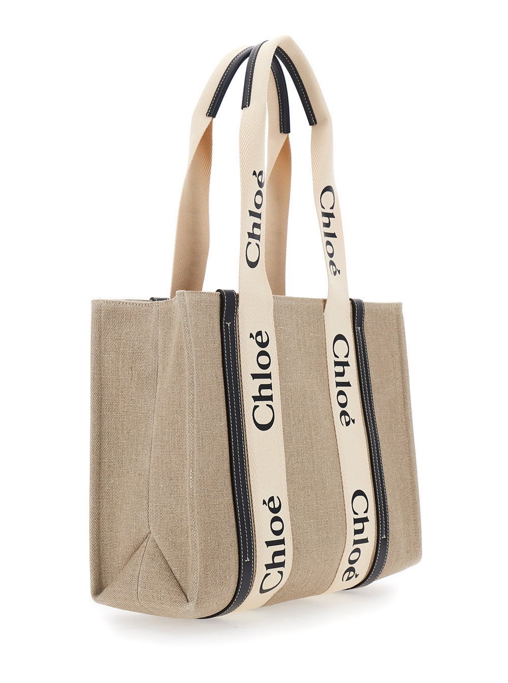 Chloé Women 'Medium Woody' Beige Handbag With Logo Lettering On The Front In Linen Woman