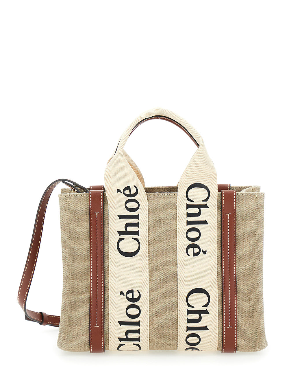 Chloé Women 'Woody' Brown Tote Bag With Branded Ribbons In Canvas And Leather Woman