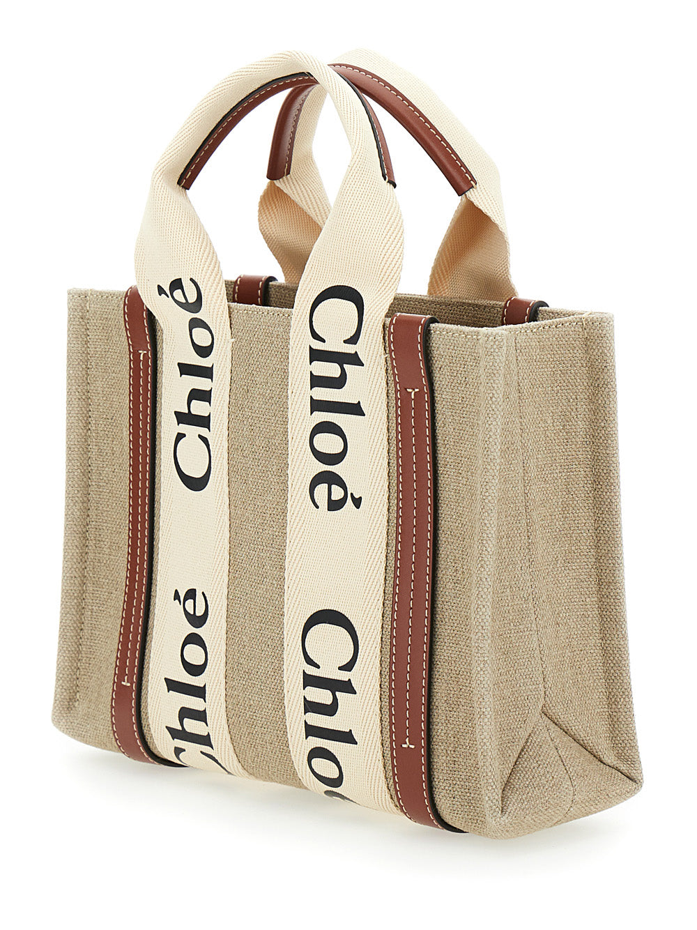 Chloé Women 'Woody' Brown Tote Bag With Branded Ribbons In Canvas And Leather Woman