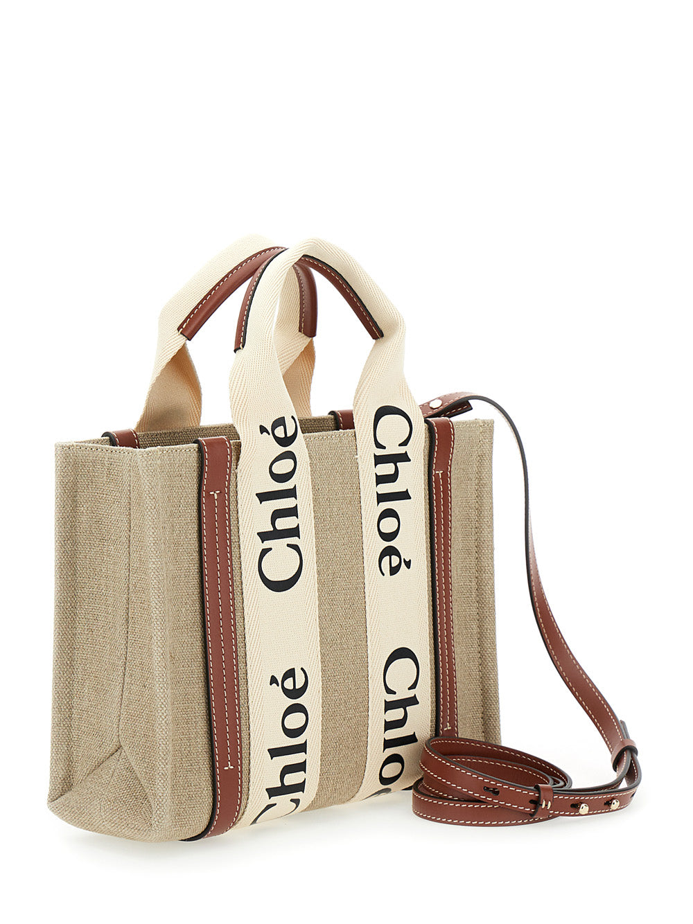 Chloé Women 'Woody' Brown Tote Bag With Branded Ribbons In Canvas And Leather Woman