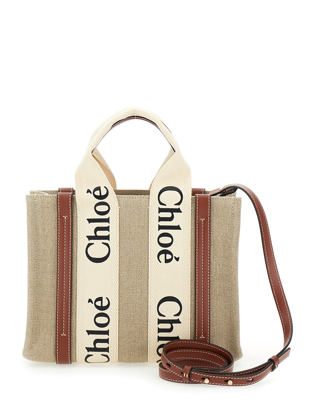 Chloé Women 'Woody' Brown Tote Bag With Branded Ribbons In Canvas And Leather Woman