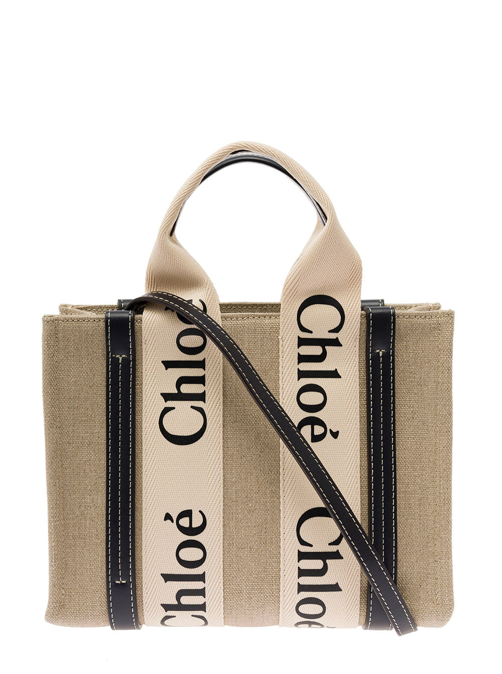 Chloé Women 'Woody' Multicolor Tote Bag With Shoulder Strap And Ribbon In Leather And Linen Canvas Woman Chloé
