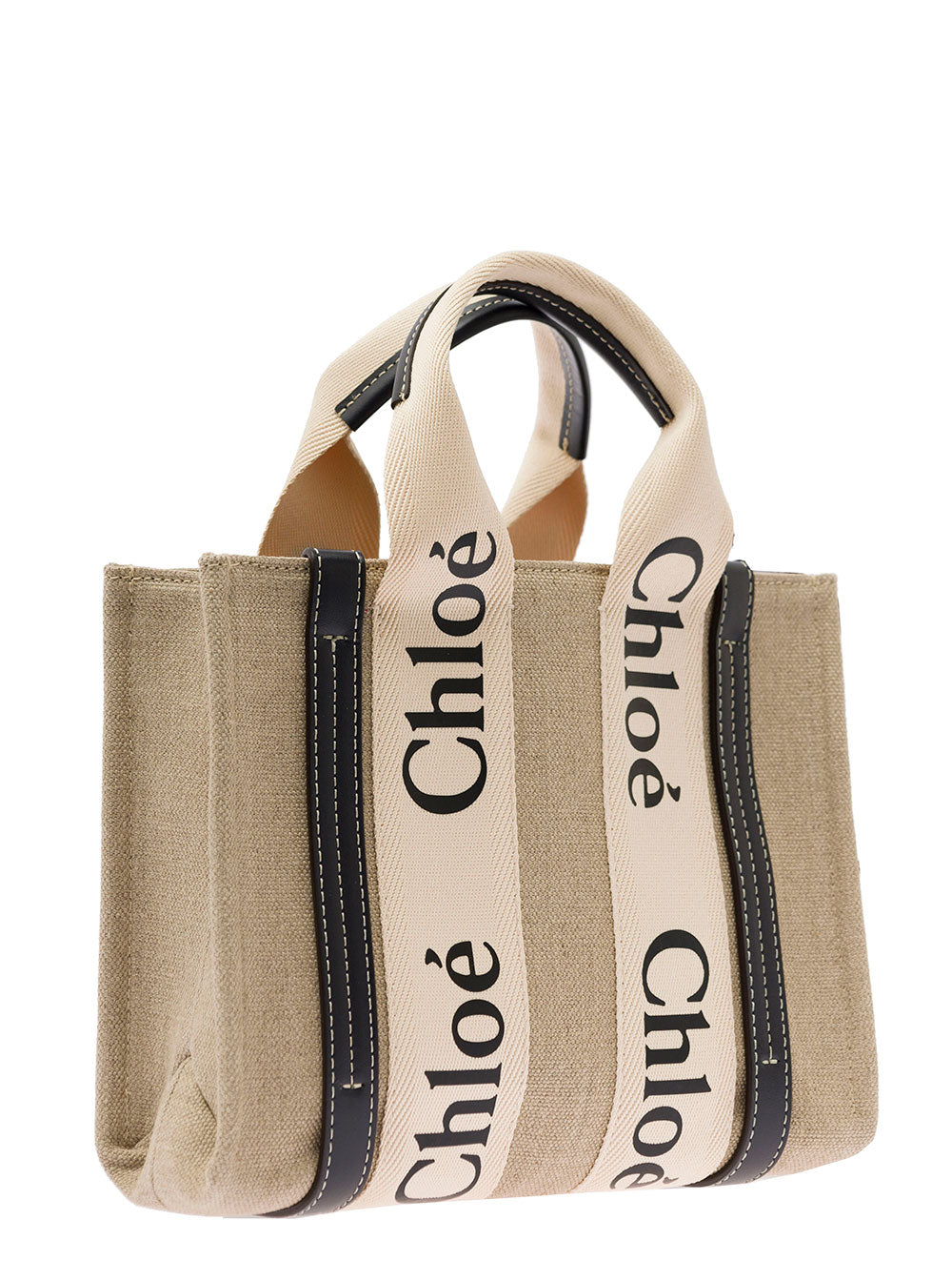 Chloé Women 'Woody' Multicolor Tote Bag With Shoulder Strap And Ribbon In Leather And Linen Canvas Woman Chloé