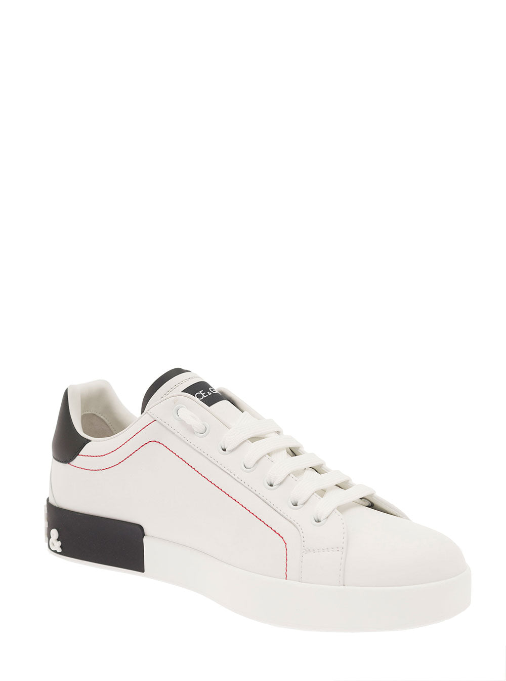 Dolce & Gabbana Men 'Portofino' White Low Top Sneakers With Patch Logo And Red Stitching In Smooth Leather Man