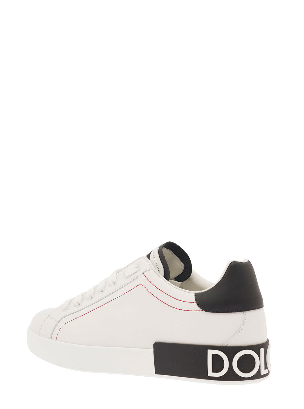 Dolce & Gabbana Men 'Portofino' White Low Top Sneakers With Patch Logo And Red Stitching In Smooth Leather Man