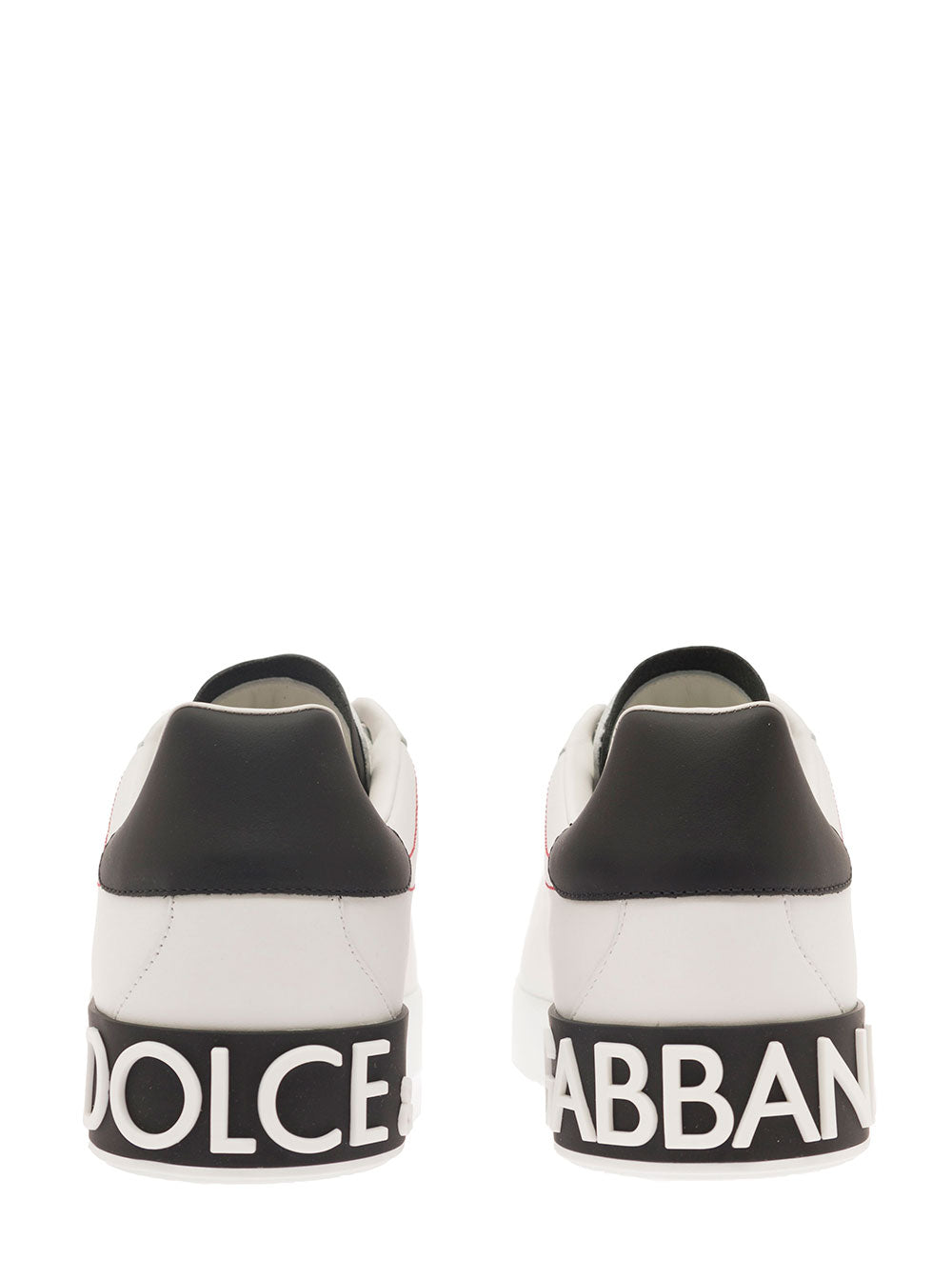 Dolce & Gabbana Men 'Portofino' White Low Top Sneakers With Patch Logo And Red Stitching In Smooth Leather Man