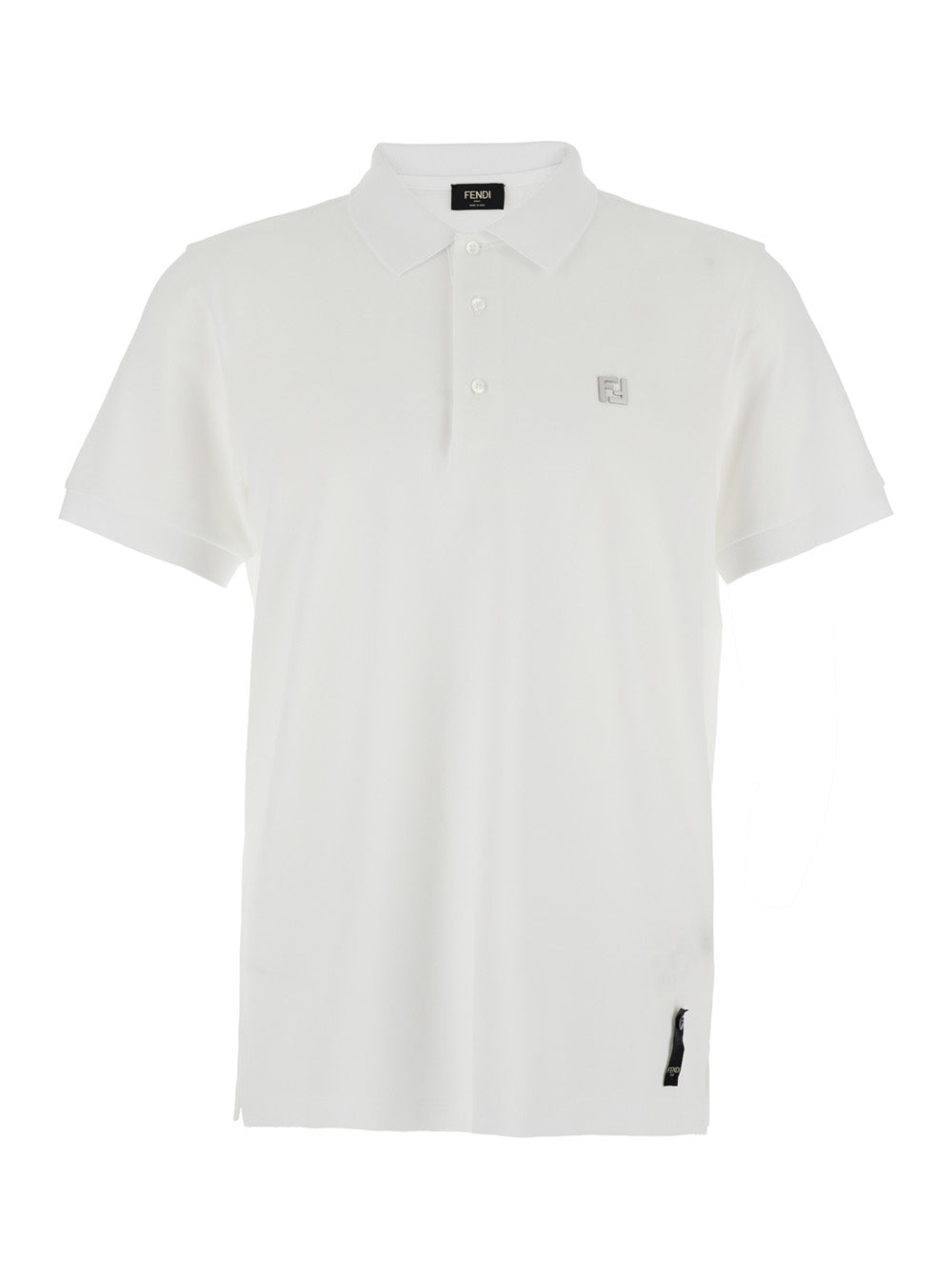 Fendi Men White Polo Shirt With Classic Collar And Metallic Ff Plaque On The Front In Cotton Woman