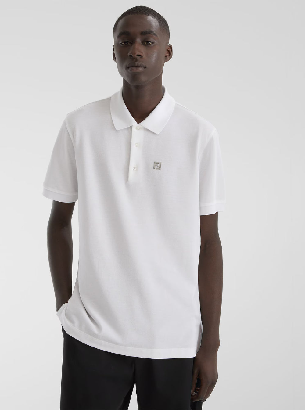 Fendi Men White Polo Shirt With Classic Collar And Metallic Ff Plaque On The Front In Cotton Woman