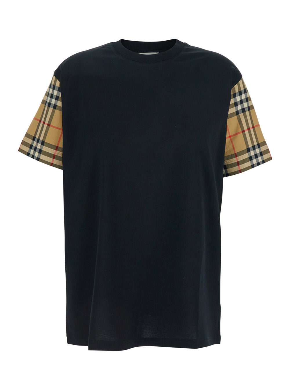 Burberry Women Black T-Shirt With Vintage Check Motif On The Sleeves In Cotton Woman