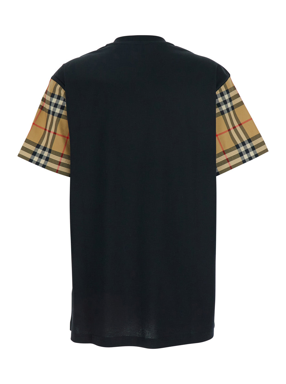 Burberry Women Black T-Shirt With Vintage Check Motif On The Sleeves In Cotton Woman